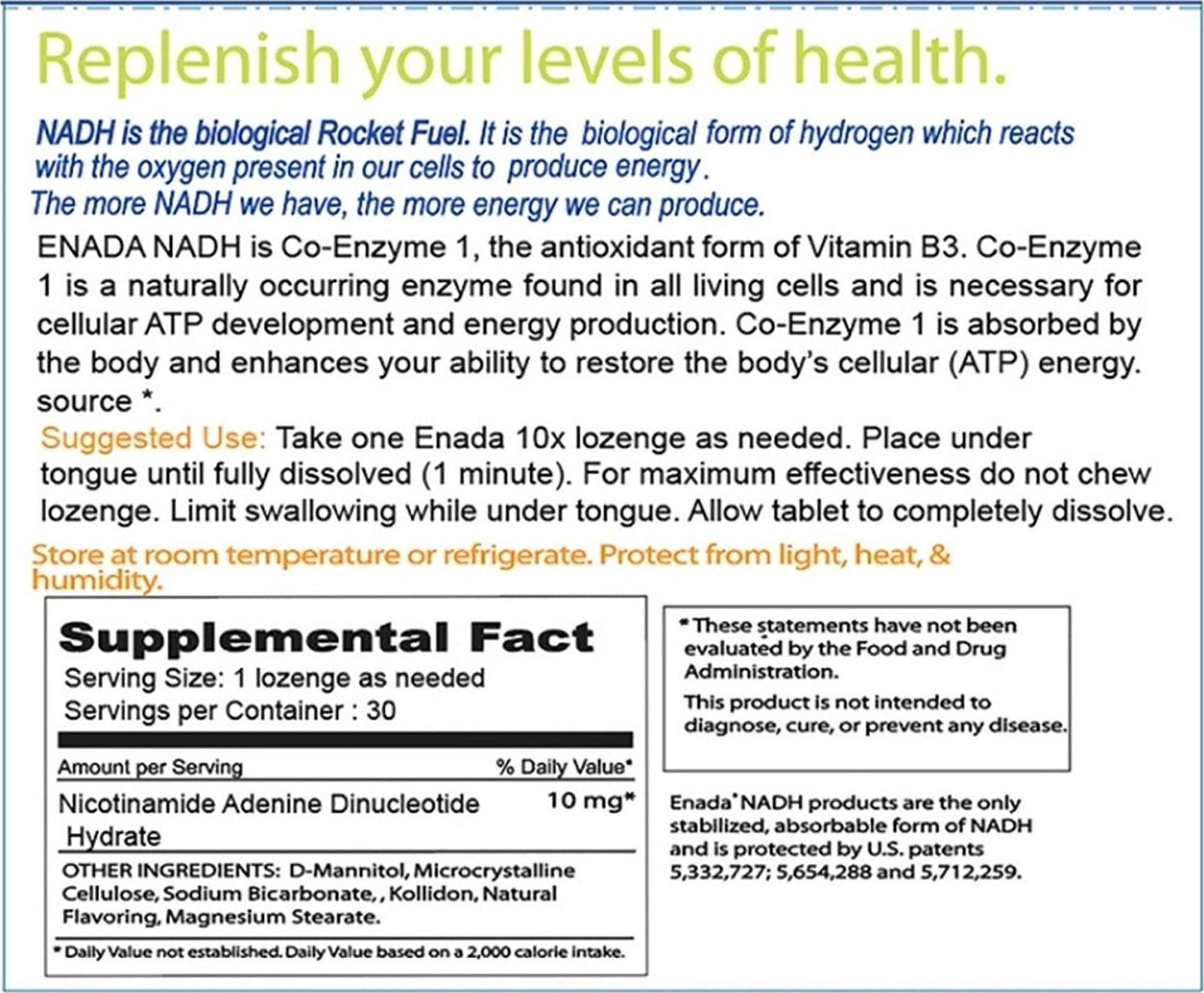 ENADA 10X NADH Supplement with Fast Acting Formula for Active Lifestyle | Natural Energy Booster Great for Jet Lag, Athletic Performance and Studying | Improves Stamina and Mental Clarity | 30 Lozenge