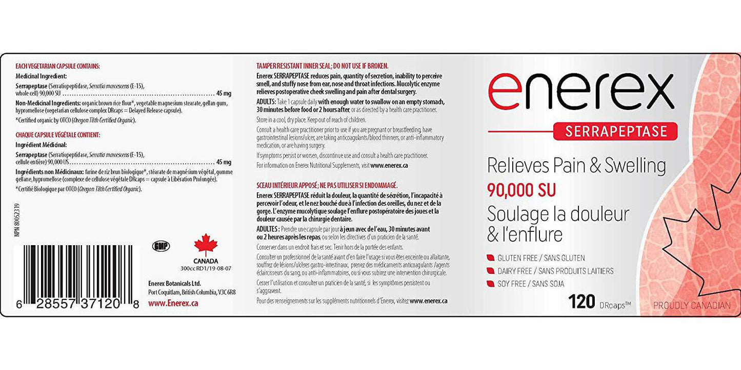ENEREX Serrapeptase 90,000 SU - Pain and Inflammation Enzyme (90,000 SU, 120)