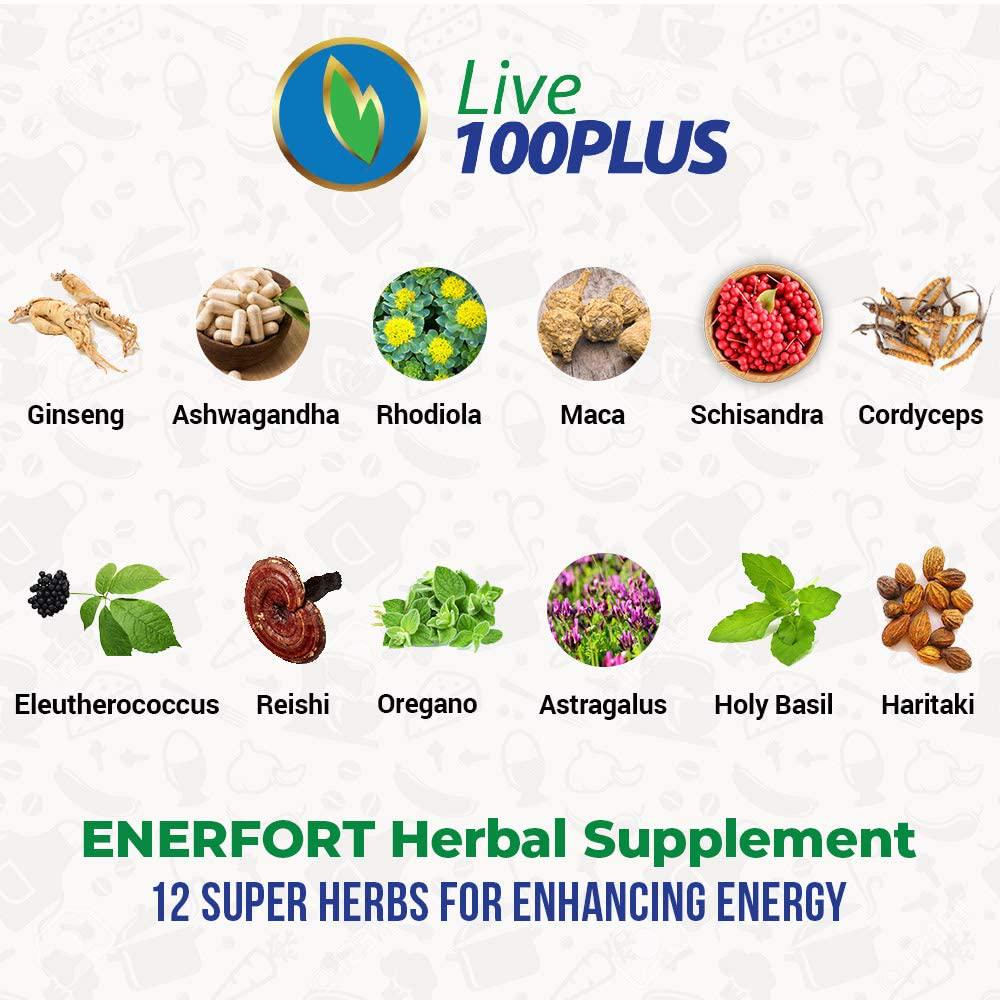 ENERFORT from Hunza Valley for Boosting Energy. 12 Super Herbs from The Garden of Eden, Where People Live to Over 100 Years. All Natural and Vegetarian. Made in USA by Live 100Plus