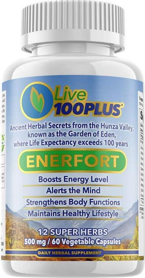 ENERFORT from Hunza Valley for Boosting Energy. 12 Super Herbs from The Garden of Eden, Where People Live to Over 100 Years. All Natural and Vegetarian. Made in USA by Live 100Plus