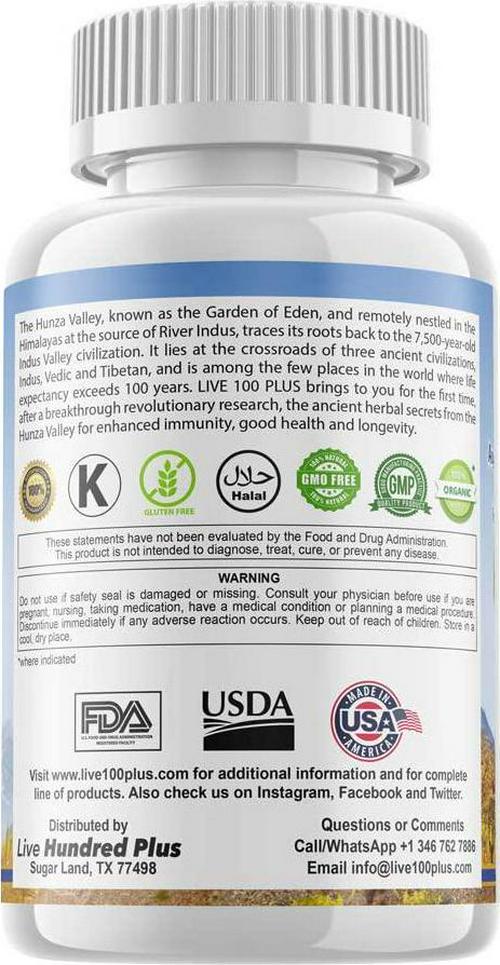 ENERFORT from Hunza Valley for Boosting Energy. 12 Super Herbs from The Garden of Eden, Where People Live to Over 100 Years. All Natural and Vegetarian. Made in USA by Live 100Plus