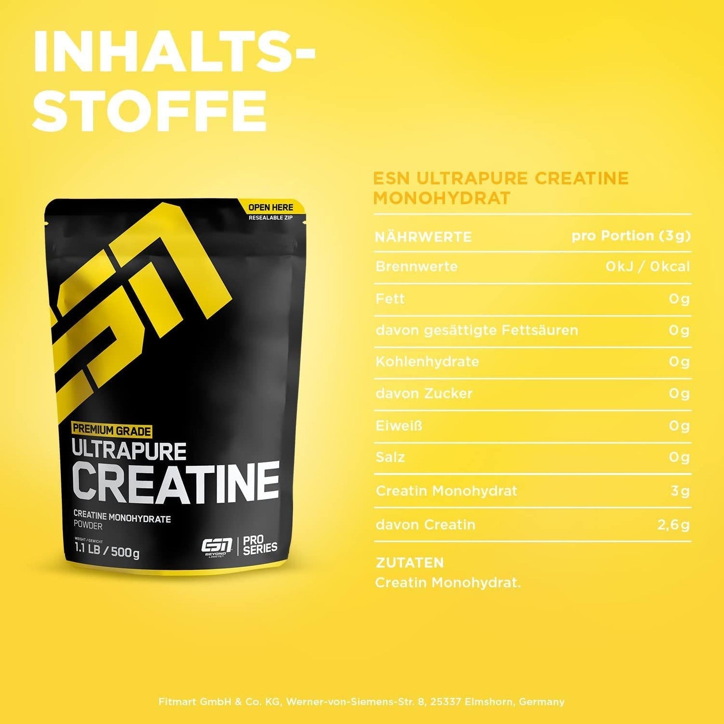 ESN Ultrapure Creatine Monohydrate - Able to increase physical performance during short, high-intensity phases - 500g
