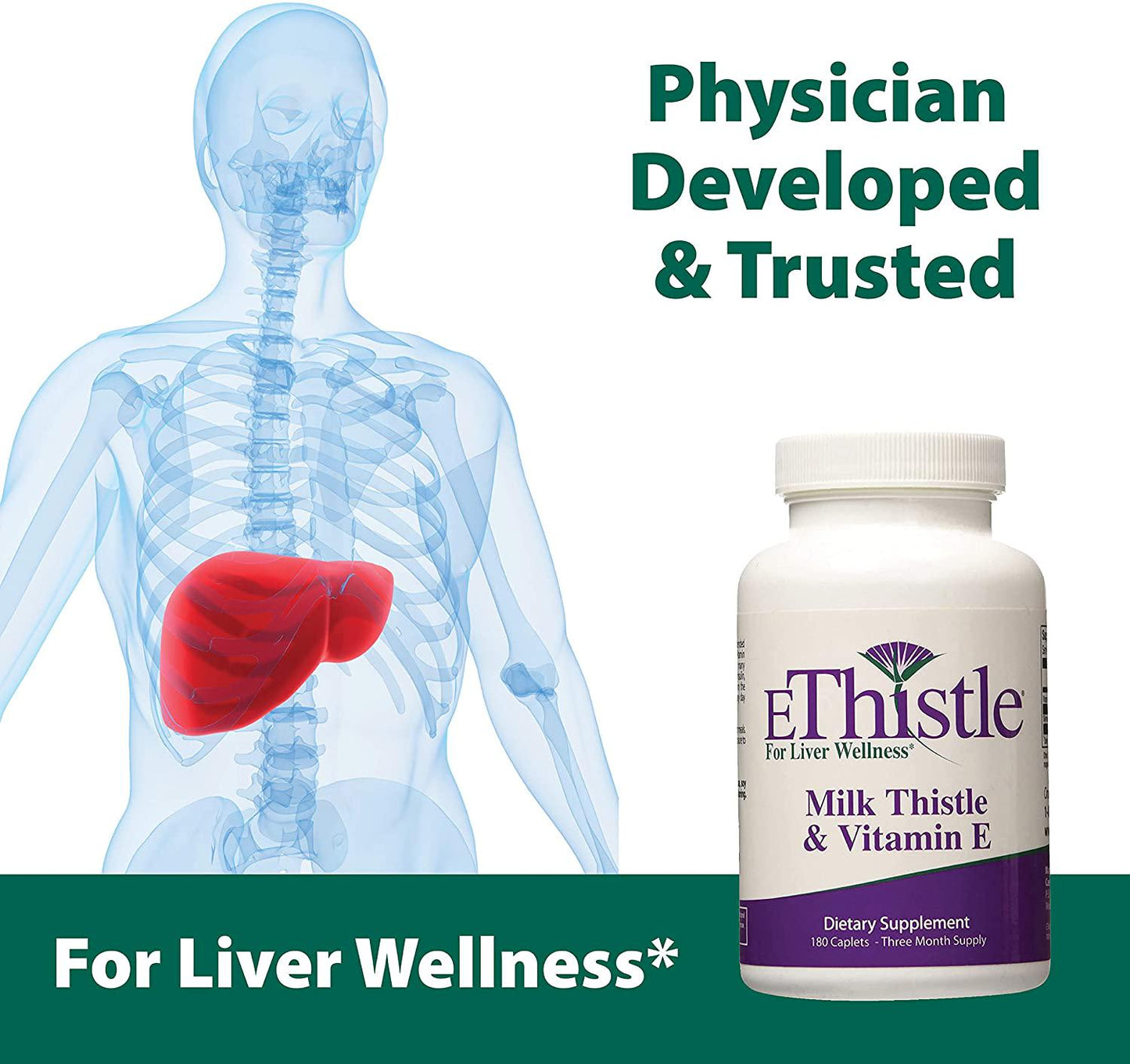 EThistle Liver Wellness Dietary Supplement, Milk Thistle and Vitamin E Liver Health Formula, 180 Caplets