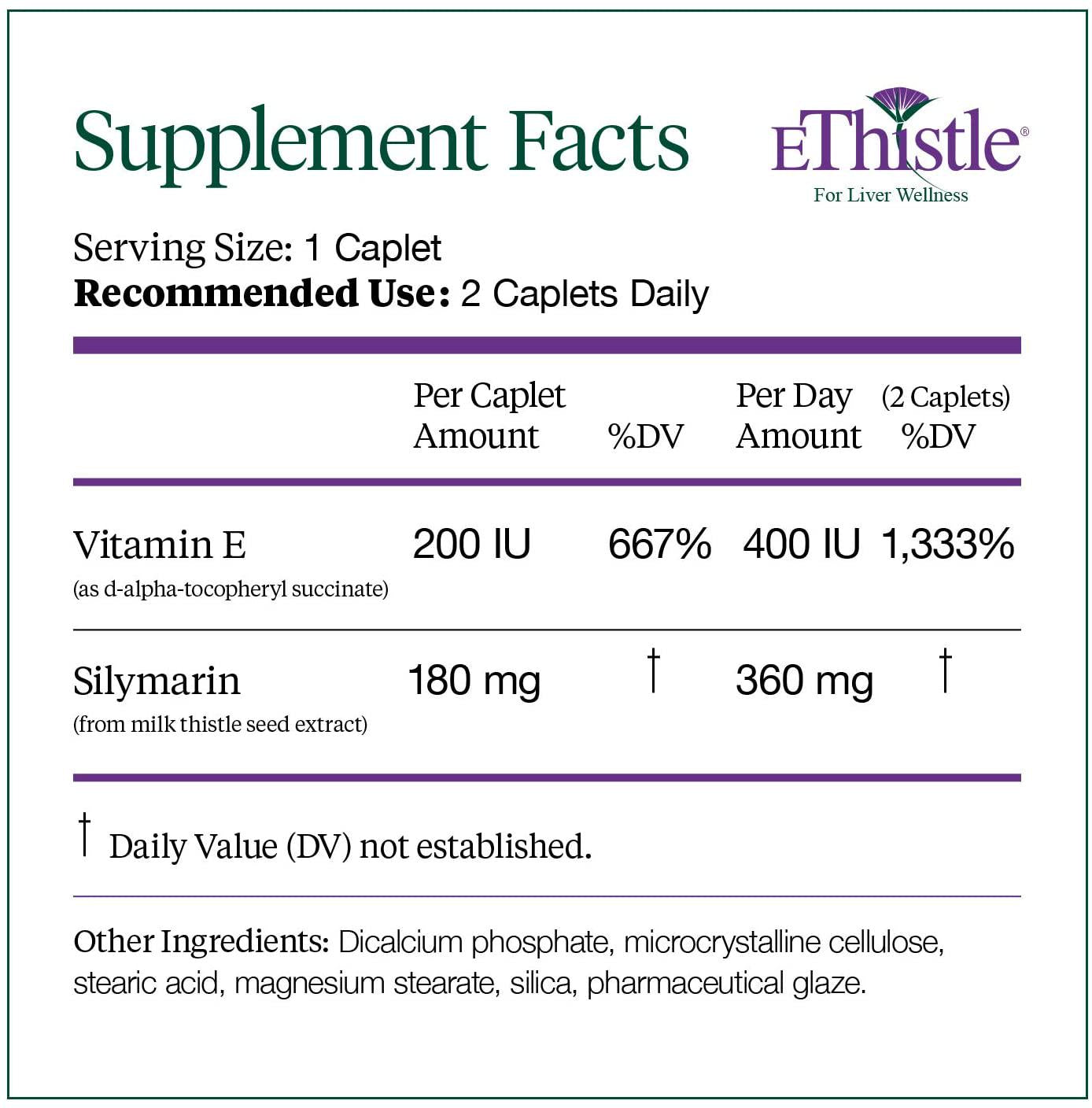 EThistle Liver Wellness Dietary Supplement, Milk Thistle and Vitamin E Liver Health Formula, 180 Caplets