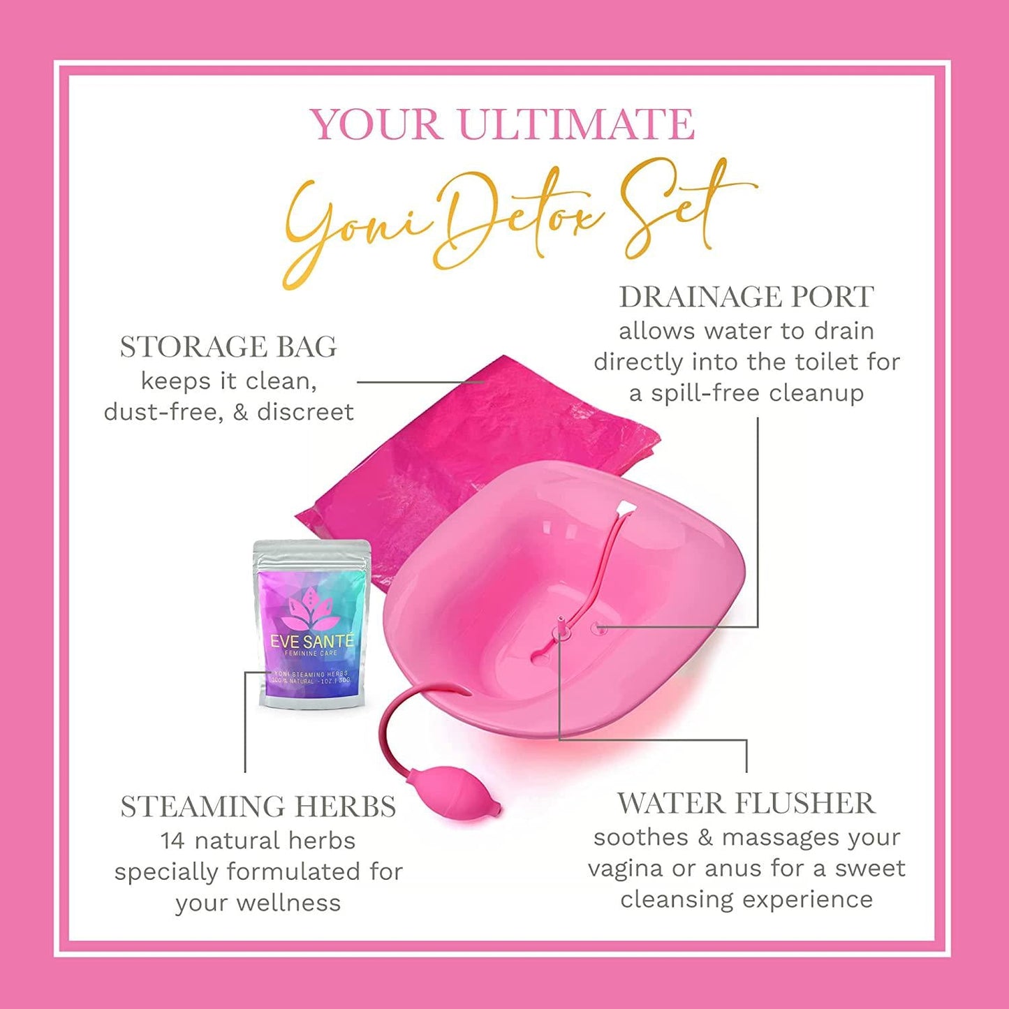 EVE SANTE Yoni Steam Kit - V Steam at Home Kit Includes Pink Yoni Steam Seat for Toilet and 2oz. Yoni Steam Herbs for Cleansing and Tightening - Use Vaginial Steaming Kit for Vaginal Detox.