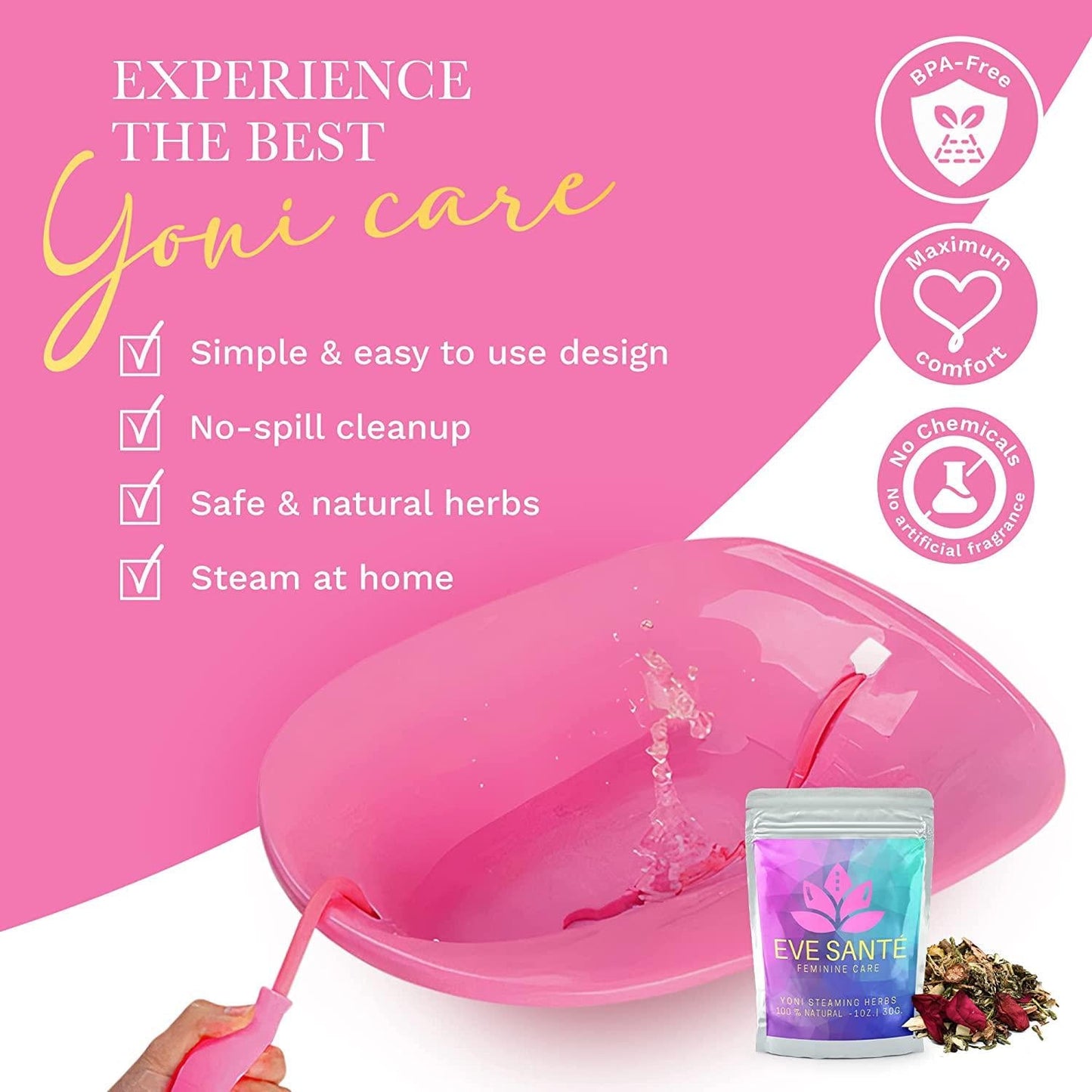EVE SANTE Yoni Steam Kit - V Steam at Home Kit Includes Pink Yoni Steam Seat for Toilet and 2oz. Yoni Steam Herbs for Cleansing and Tightening - Use Vaginial Steaming Kit for Vaginal Detox.