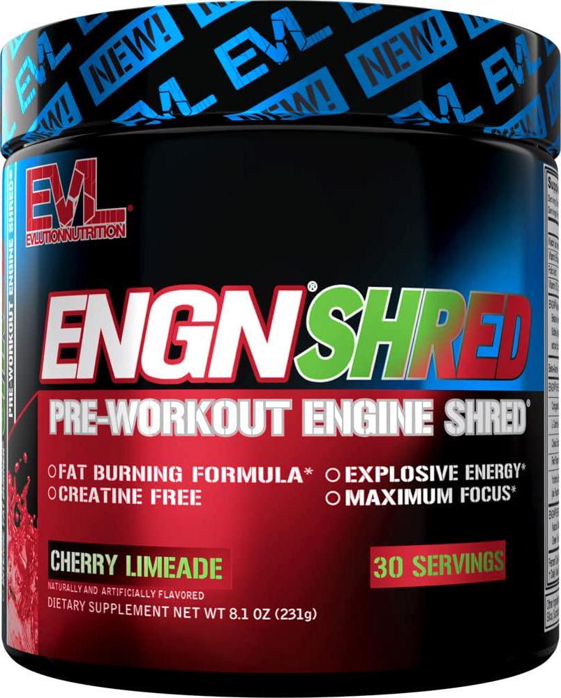 EVL Ultimate Pre Workout Powder - Thermogenic Fat Burner Preworkout Powder Drink for Lasting Energy Focus and Stamina - ENGN Shred Intense Fat Burning Creatine Free Preworkout Drink - Cherry Limeade