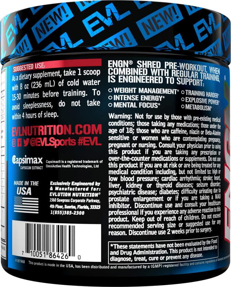 EVL Ultimate Pre Workout Powder - Thermogenic Fat Burner Preworkout Powder Drink for Lasting Energy Focus and Stamina - ENGN Shred Intense Fat Burning Creatine Free Preworkout Drink - Cherry Limeade