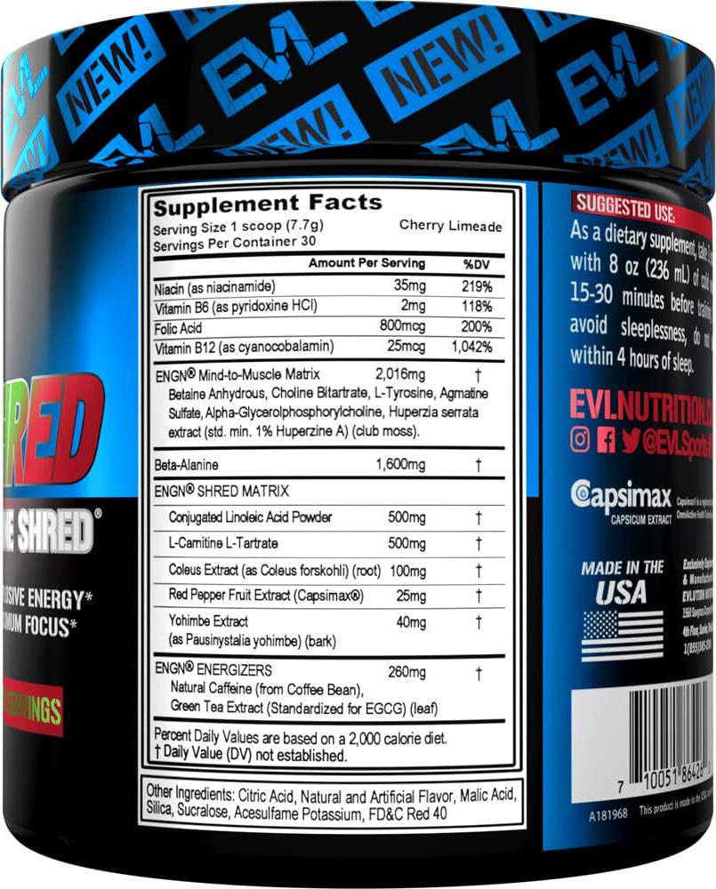 EVL Ultimate Pre Workout Powder - Thermogenic Fat Burner Preworkout Powder Drink for Lasting Energy Focus and Stamina - ENGN Shred Intense Fat Burning Creatine Free Preworkout Drink - Cherry Limeade