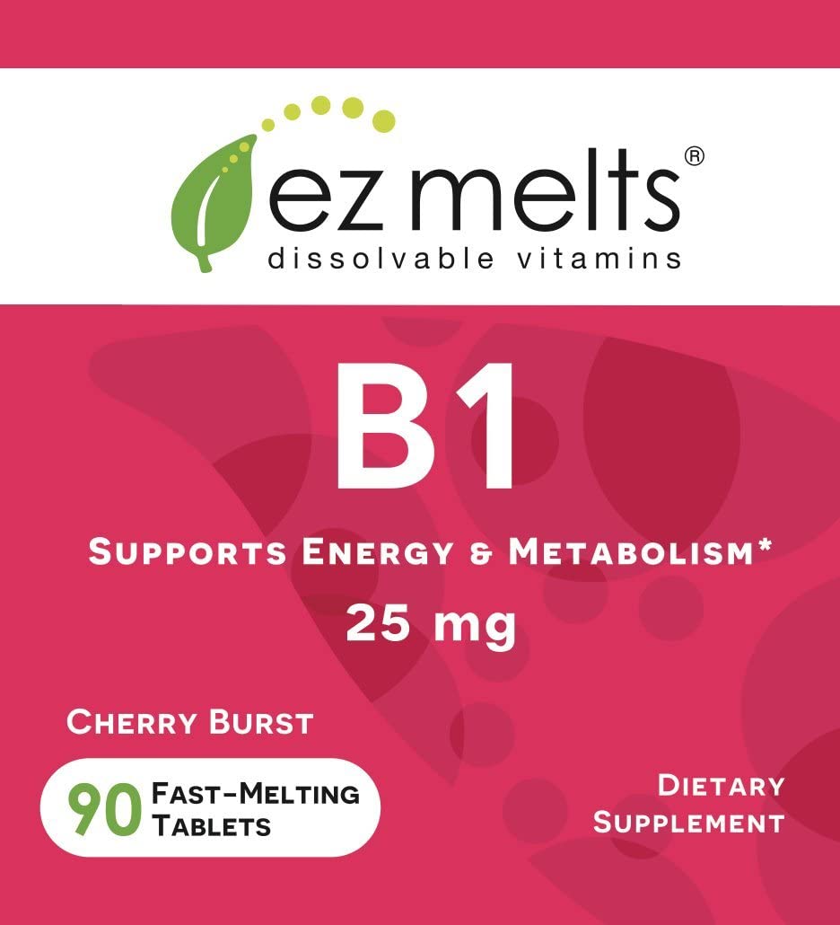 EZ Melts B1 as Thiamine, 25 mg, Sublingual Vitamins, Vegan, Zero Sugar, Natural Cherry Flavor, 90 Fast Dissolve Tablets