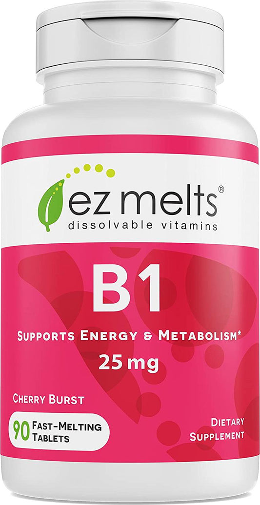 EZ Melts B1 as Thiamine, 25 mg, Sublingual Vitamins, Vegan, Zero Sugar, Natural Cherry Flavor, 90 Fast Dissolve Tablets