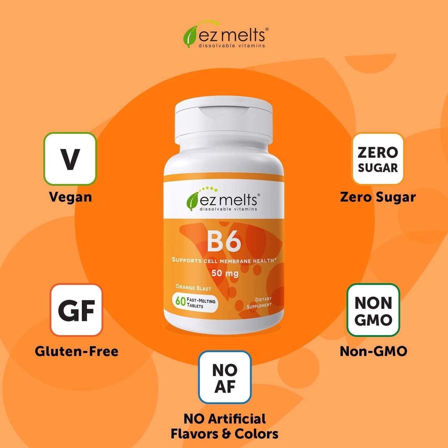 EZ Melts B6 as Pyridoxine, 50 mg, Sublingual Vitamins, Vegan, Zero Sugar, Natural Orange Flavor, 60 Fast Dissolve Tablets