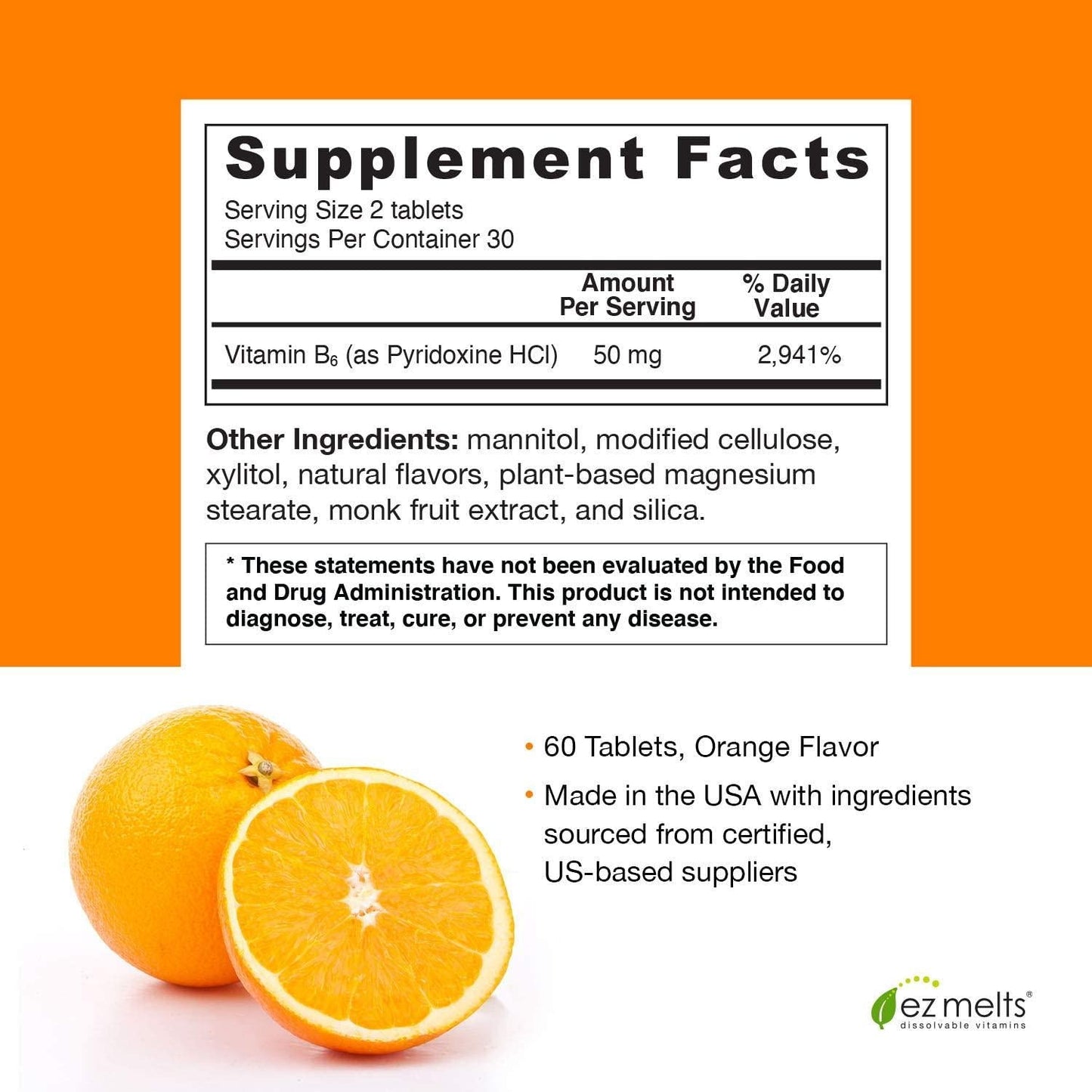 EZ Melts B6 as Pyridoxine, 50 mg, Sublingual Vitamins, Vegan, Zero Sugar, Natural Orange Flavor, 60 Fast Dissolve Tablets