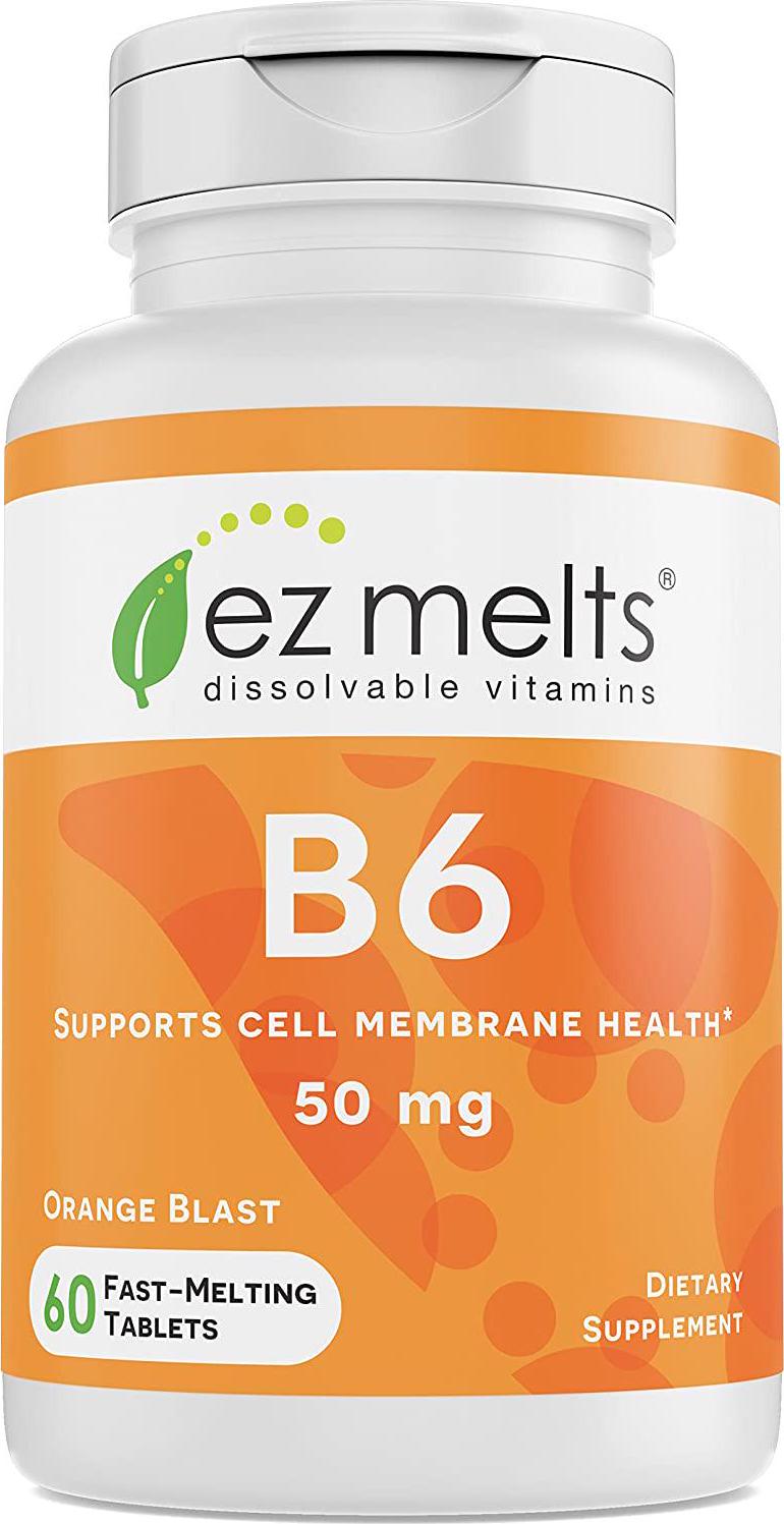 EZ Melts B6 as Pyridoxine, 50 mg, Sublingual Vitamins, Vegan, Zero Sugar, Natural Orange Flavor, 60 Fast Dissolve Tablets