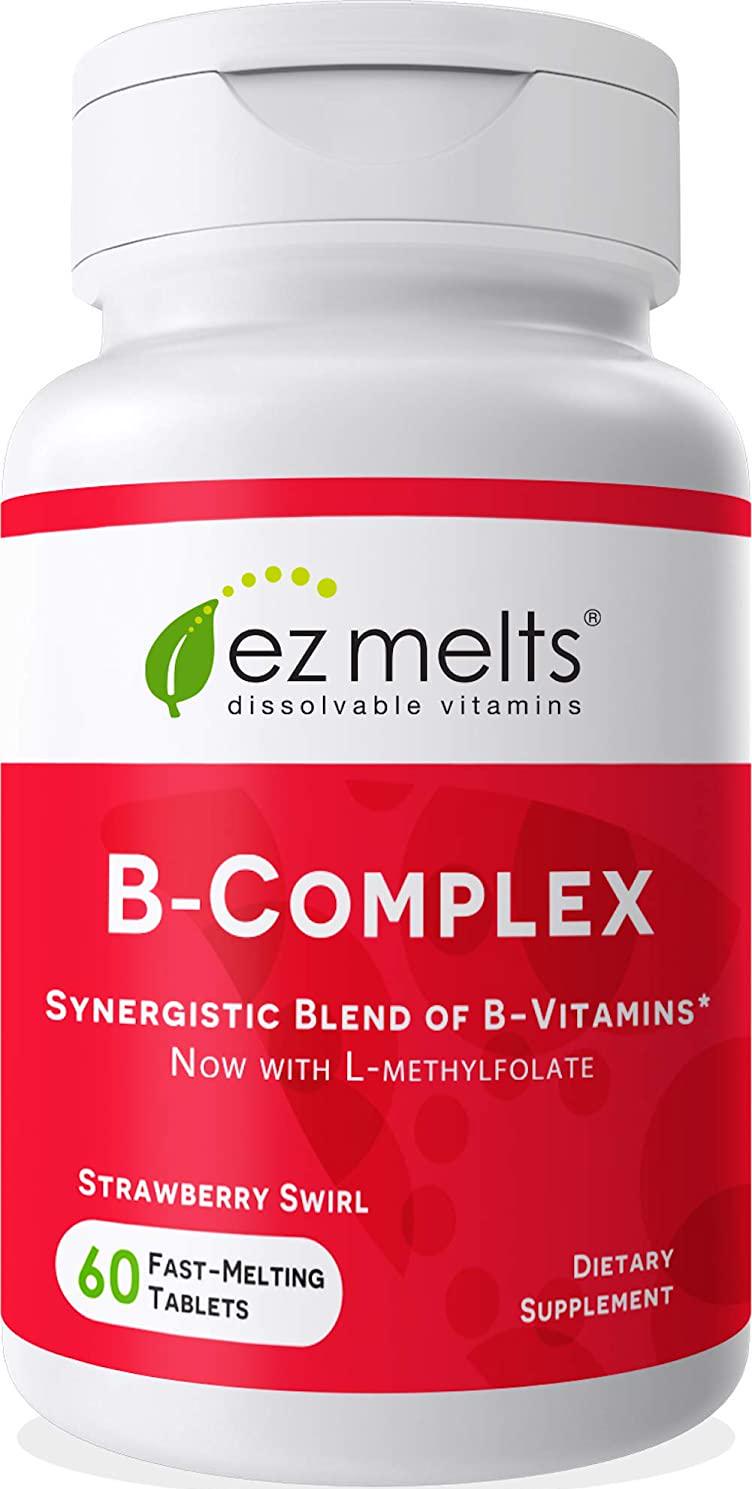 EZ Melts B-Complex with Methylcobalamin and Methylfolate, Sublingual Vitamins, Vegan, Zero Sugar, Natural Strawberry Flavor, 60 Fast Dissolve Tablets