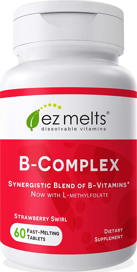 EZ Melts B-Complex with Methylcobalamin and Methylfolate, Sublingual Vitamins, Vegan, Zero Sugar, Natural Strawberry Flavor, 60 Fast Dissolve Tablets