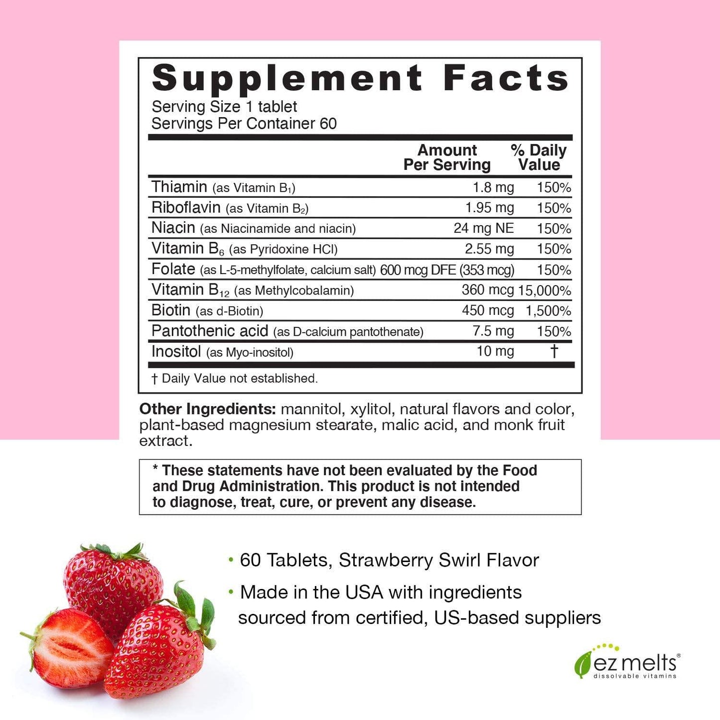 EZ Melts B-Complex with Methylcobalamin and Methylfolate, Sublingual Vitamins, Vegan, Zero Sugar, Natural Strawberry Flavor, 60 Fast Dissolve Tablets