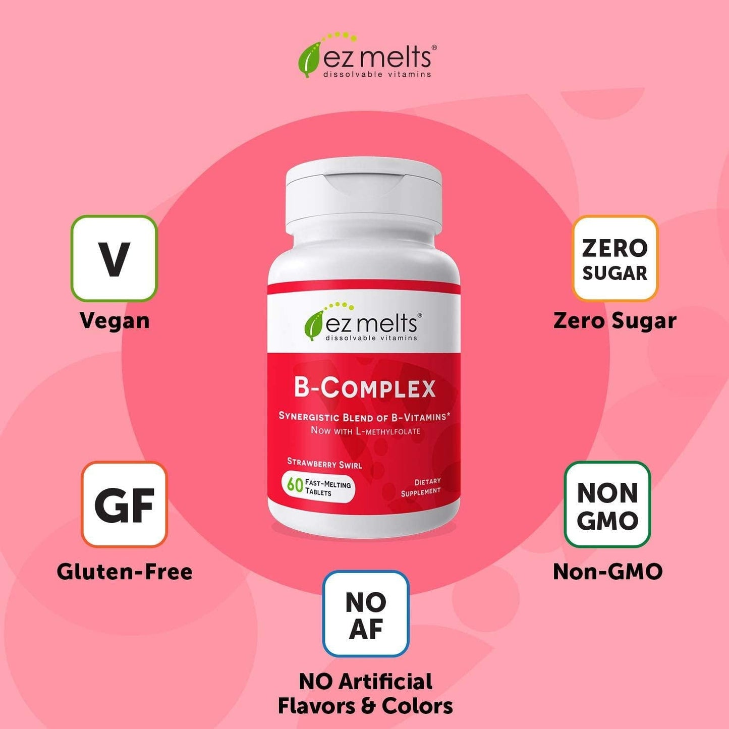 EZ Melts B-Complex with Methylcobalamin and Methylfolate, Sublingual Vitamins, Vegan, Zero Sugar, Natural Strawberry Flavor, 60 Fast Dissolve Tablets