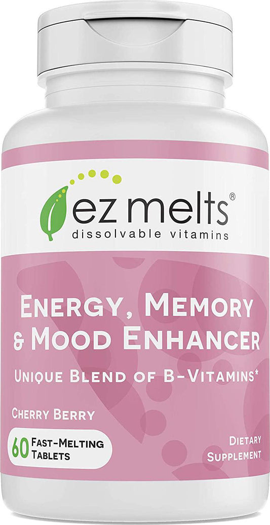 EZ Melts Energy Memory and Mood Enhancer, Methylated B-Complex, Sublingual Vitamins, Vegan, Zero Sugar, Natural Cherry Flavor, 60 Fast Dissolve Tablets