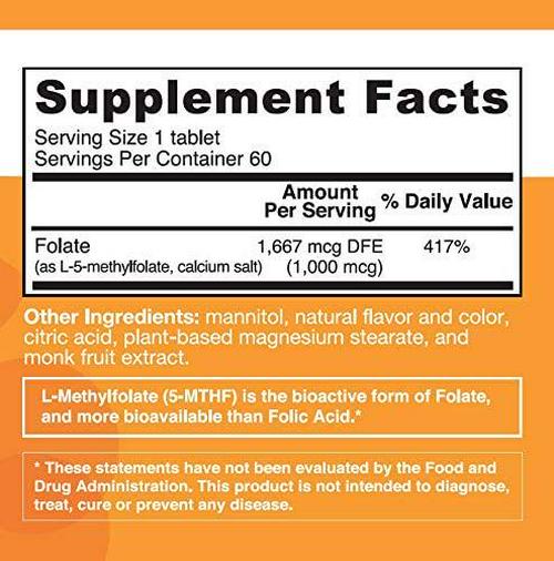 EZ Melts Folate as L-5-Methylfolate, 1,667 mcg DFE, Sublingual Vitamins, Vegan, Zero Sugar, Natural Orange Flavor, 60 Fast Dissolve Tablets