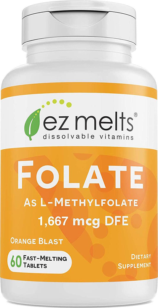 EZ Melts Folate as L-5-Methylfolate, 1,667 mcg DFE, Sublingual Vitamins, Vegan, Zero Sugar, Natural Orange Flavor, 60 Fast Dissolve Tablets