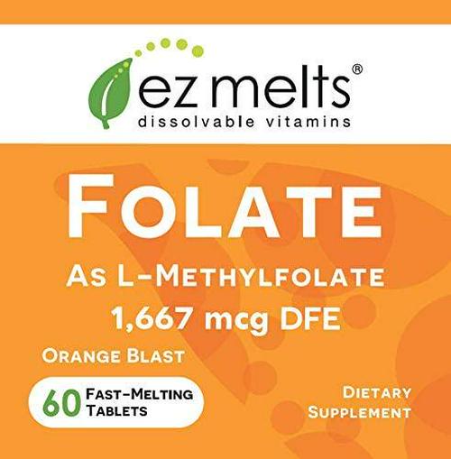 EZ Melts Folate as L-5-Methylfolate, 1,667 mcg DFE, Sublingual Vitamins, Vegan, Zero Sugar, Natural Orange Flavor, 60 Fast Dissolve Tablets