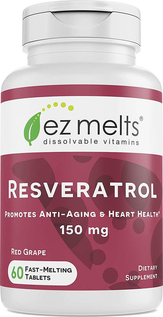 EZ Melts Resveratrol as Trans-Resveratrol, 150 mg, Sublingual Vitamins, Vegan, Zero Sugar, Natural Grape Flavor, 60 Fast Dissolve Tablets