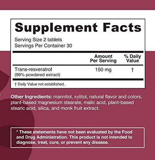 EZ Melts Resveratrol as Trans-Resveratrol, 150 mg, Sublingual Vitamins, Vegan, Zero Sugar, Natural Grape Flavor, 60 Fast Dissolve Tablets