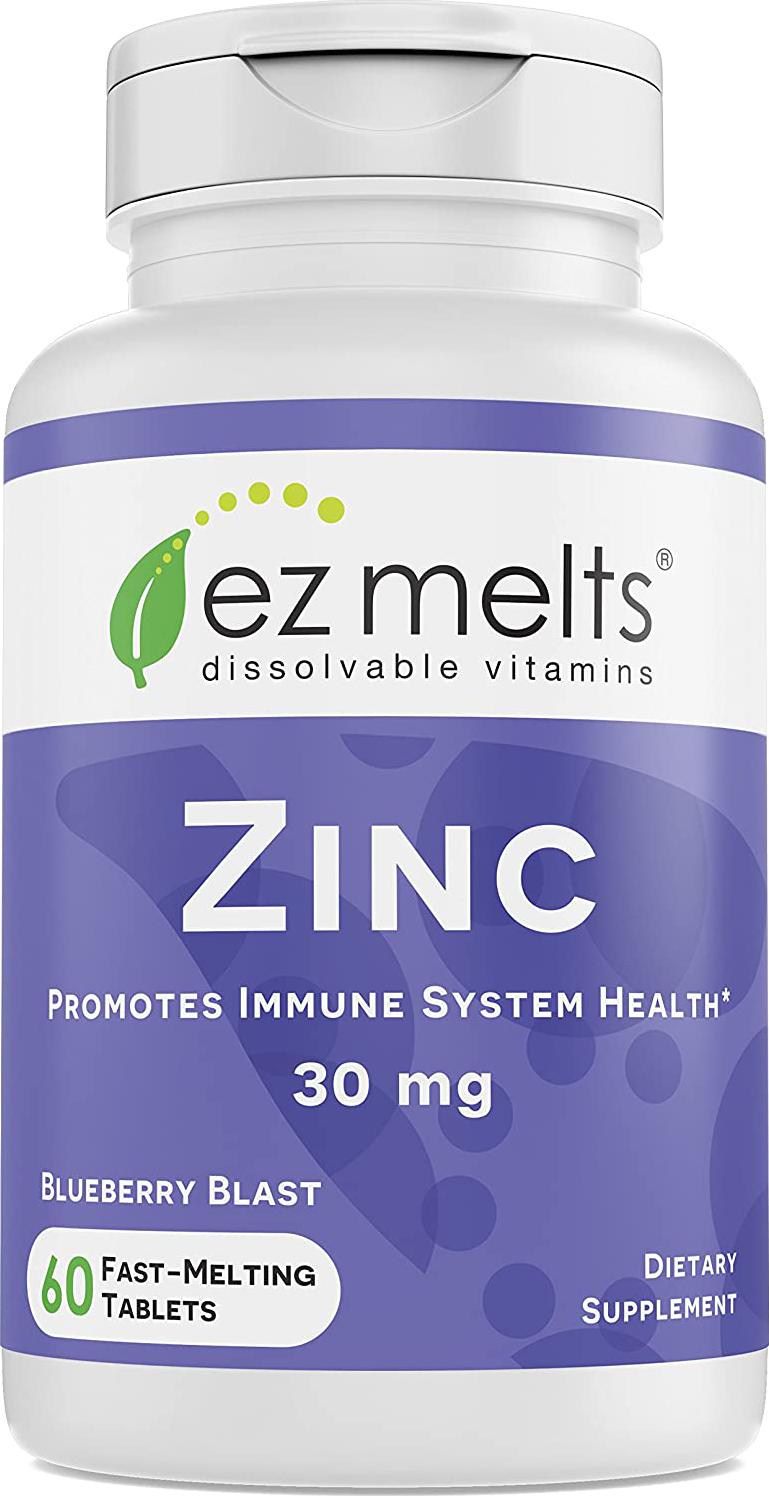 EZ Melts Zinc for Immune Support, 30 mg, Sublingual Vitamins, Vegan, Zero Sugar, Natural Blueberry Flavor, 60 Fast Dissolve Tablets