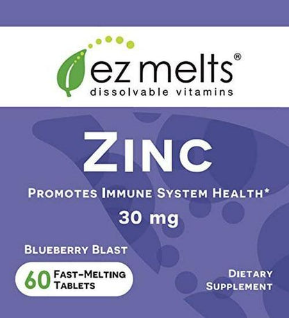 EZ Melts Zinc for Immune Support, 30 mg, Sublingual Vitamins, Vegan, Zero Sugar, Natural Blueberry Flavor, 60 Fast Dissolve Tablets