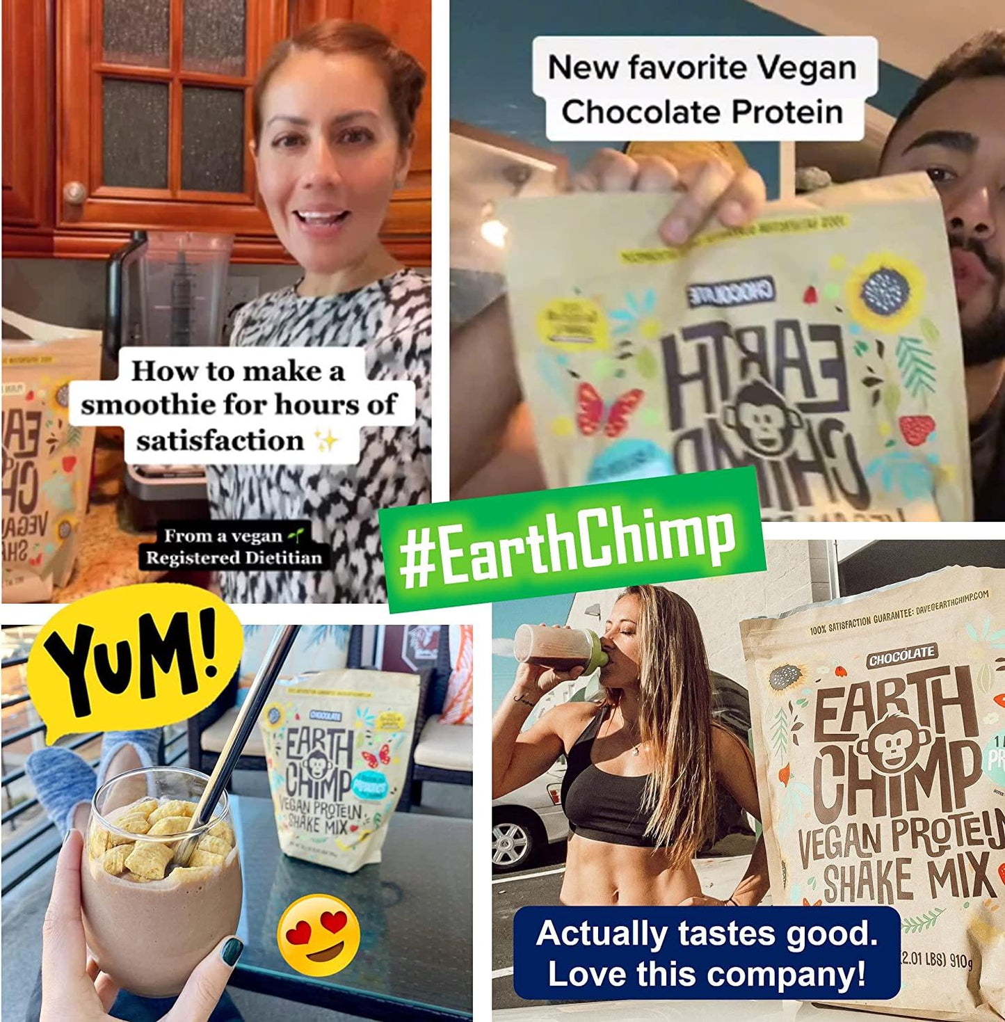 EarthChimp Organic Vegan Protein Powder (26 Servings, 32 Oz) with Probiotics, Organic Fruits and Plant Based Protein Powder, Dairy Free, Gluten Free, Gum Free, Lactose Free, Non GMO, (Chocolate)