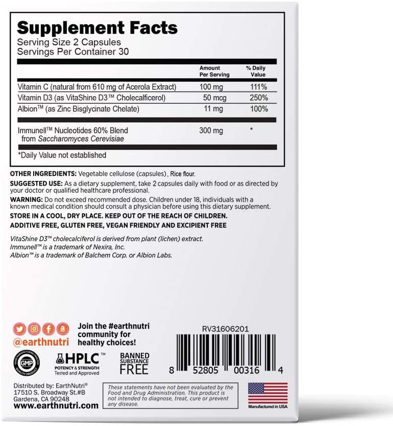 EarthNutri Immunity Simple Vitamins - 4 in 1 Immune Booster - Vitamin C, D, Zinc and Pre-Biotic (60 Veg CAPS)