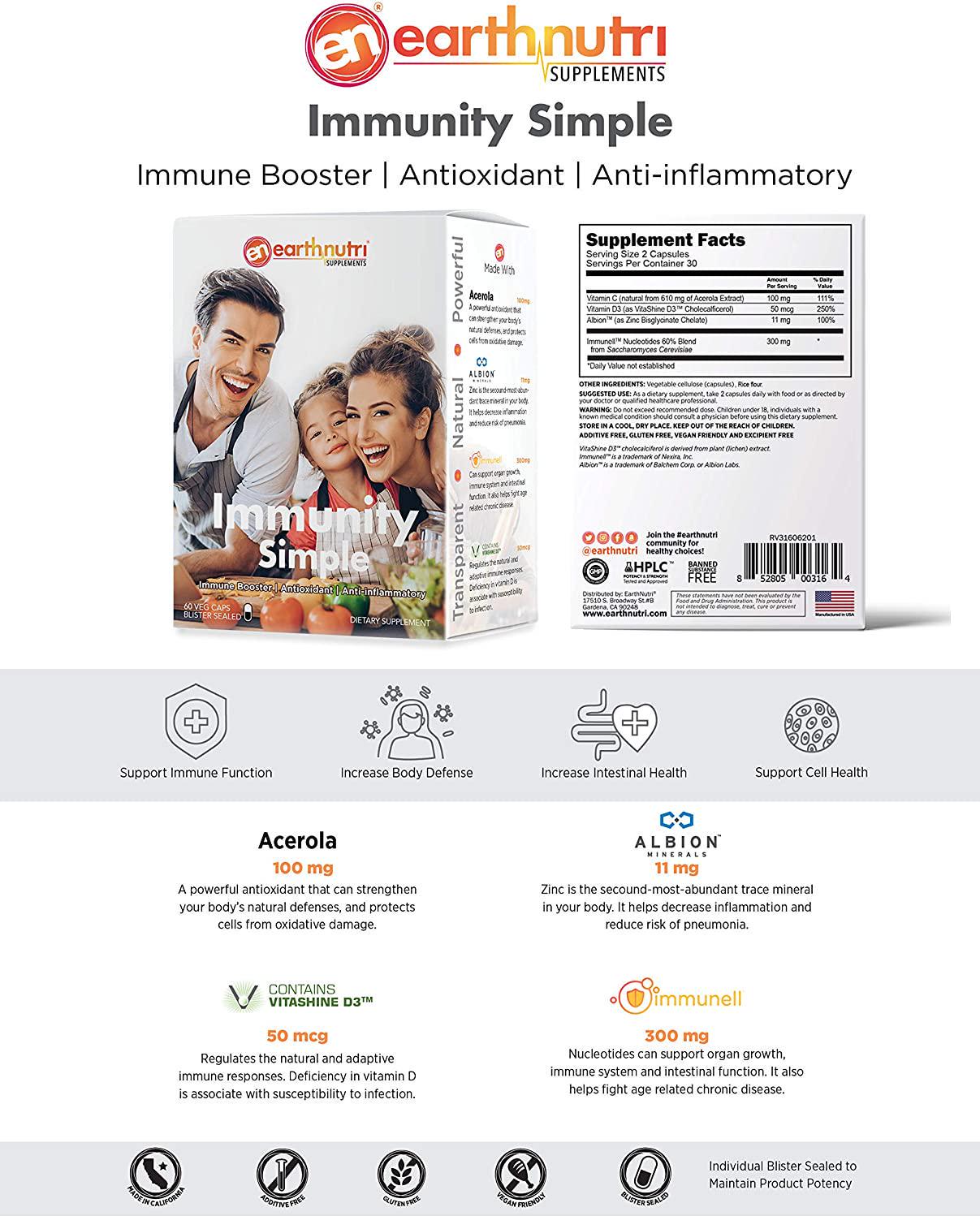 EarthNutri Immunity Simple Vitamins - 4 in 1 Immune Booster - Vitamin C, D, Zinc and Pre-Biotic (60 Veg CAPS)