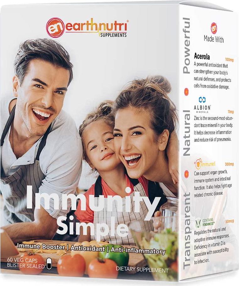 EarthNutri Immunity Simple Vitamins - 4 in 1 Immune Booster - Vitamin C, D, Zinc and Pre-Biotic (60 Veg CAPS)