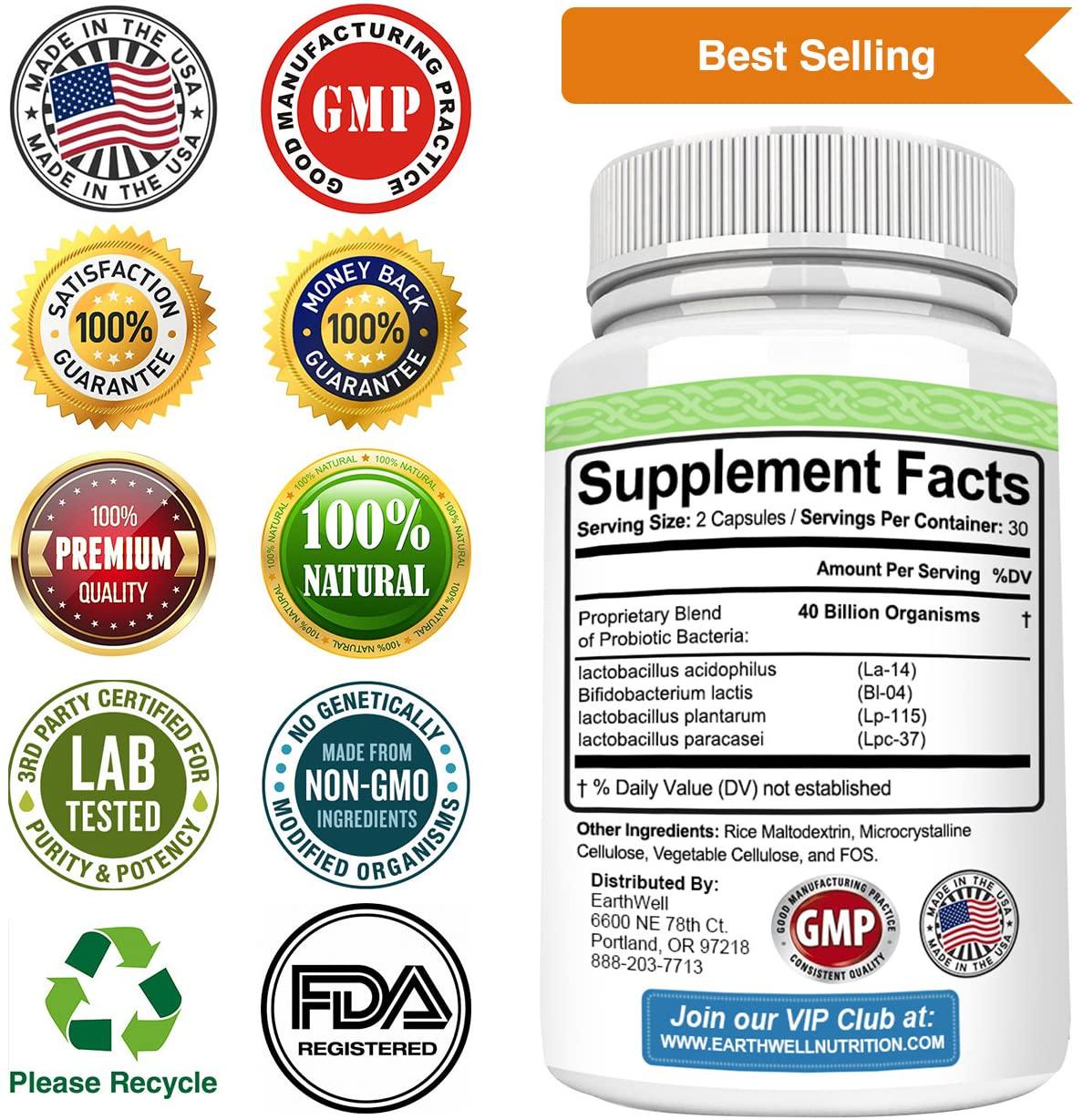 EarthWell 40 billion Probiotic Supplement for Women, Men and Children (60 Capsules)