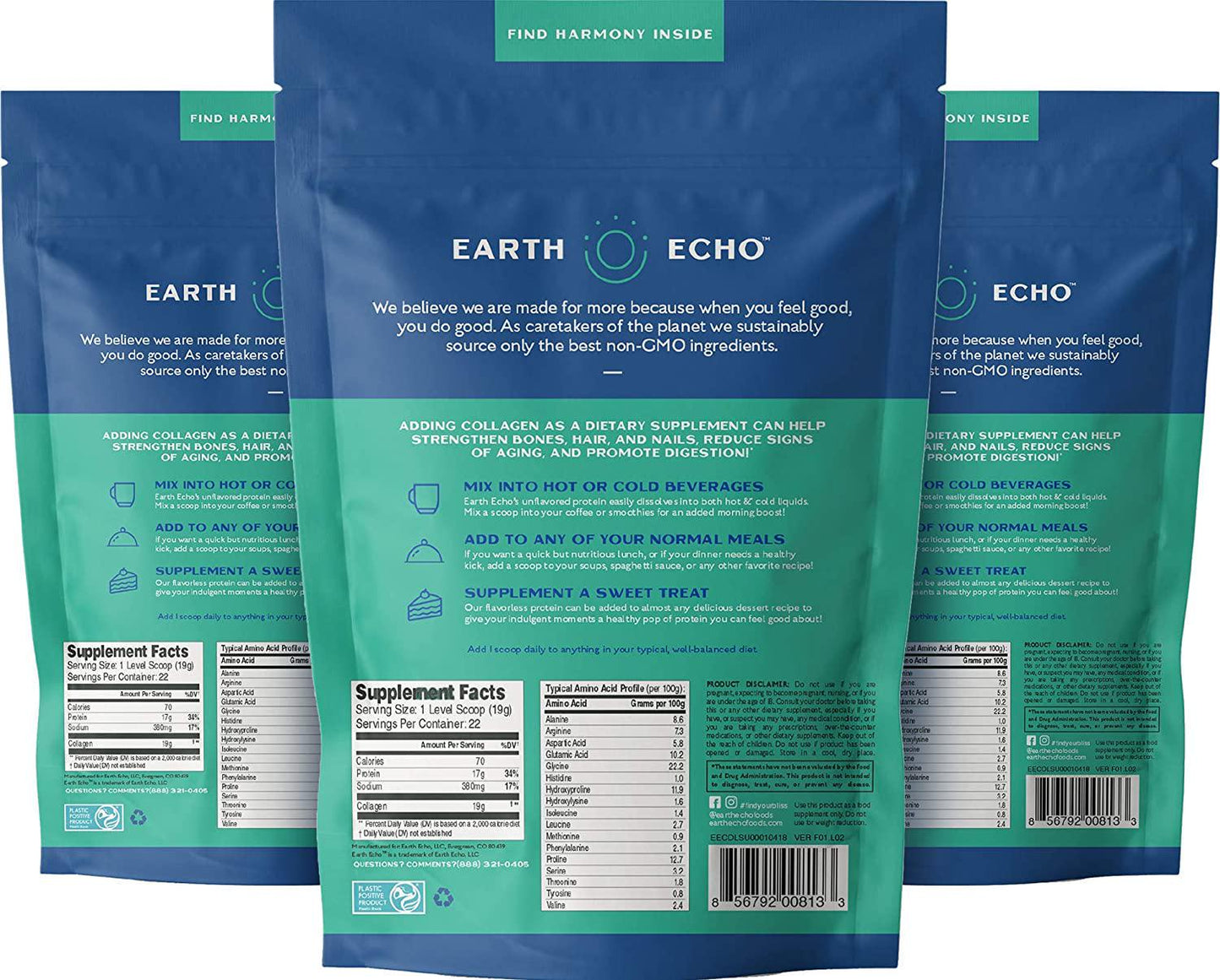 Earth Echo: Collagen Peptides - Pure Grass-Fed Protein Powder for Keto Food, Snacks and Beverages - 66 Servings (3 Pack) - No Gluten - Hydrolyzed for Better Absorption - Unflavored