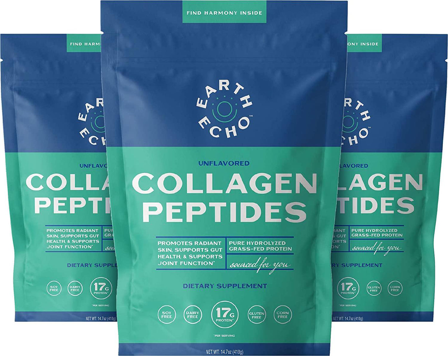 Earth Echo: Collagen Peptides - Pure Grass-Fed Protein Powder for Keto Food, Snacks and Beverages - 66 Servings (3 Pack) - No Gluten - Hydrolyzed for Better Absorption - Unflavored