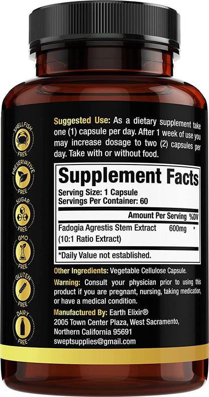 Earth Elixir Fadogia Agrestis Supplements 600mg (60 Capsules) 2 Month Supply Zero Fillers - Gluten Free - Non-GMO Vegan Capsules, Fadogia Agrestis Extract