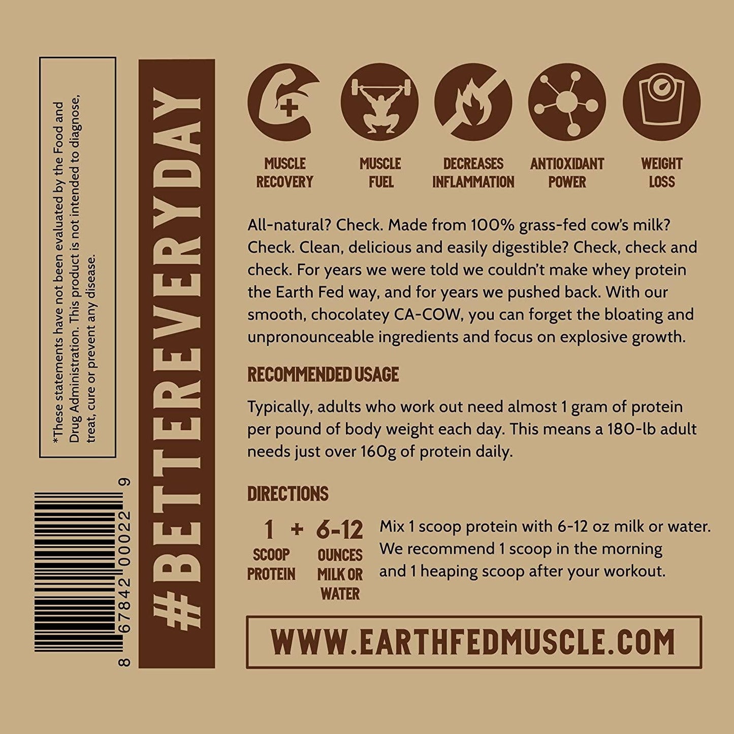 Earth Fed Muscle Ca-Cow! Chocolate Truly Grass Fed Whey 2lb - No Fillers, Flow Agents, or Synthetic Blends, Soy Free, Non GMO and Hormone Free (Chocolate)