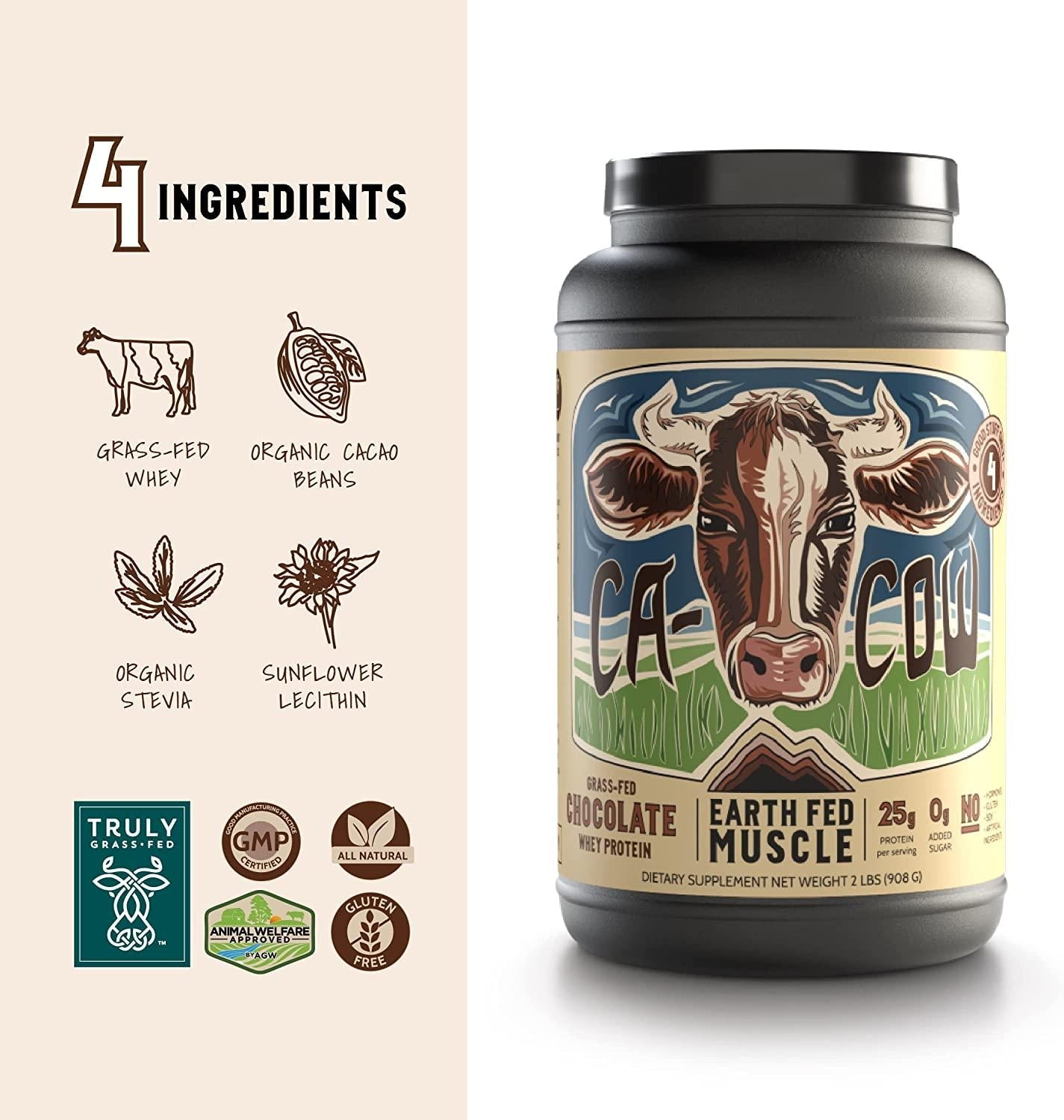Earth Fed Muscle Ca-Cow! Chocolate Truly Grass Fed Whey 2lb - No Fillers, Flow Agents, or Synthetic Blends, Soy Free, Non GMO and Hormone Free (Chocolate)