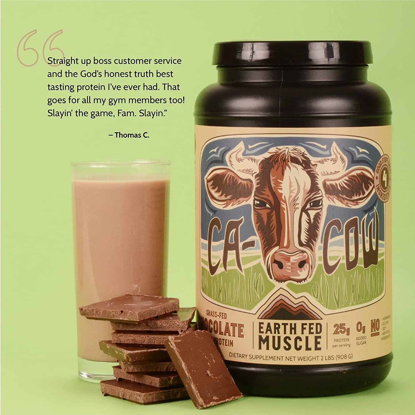 Earth Fed Muscle Ca-Cow! Chocolate Truly Grass Fed Whey 2lb - No Fillers, Flow Agents, or Synthetic Blends, Soy Free, Non GMO and Hormone Free (Chocolate)