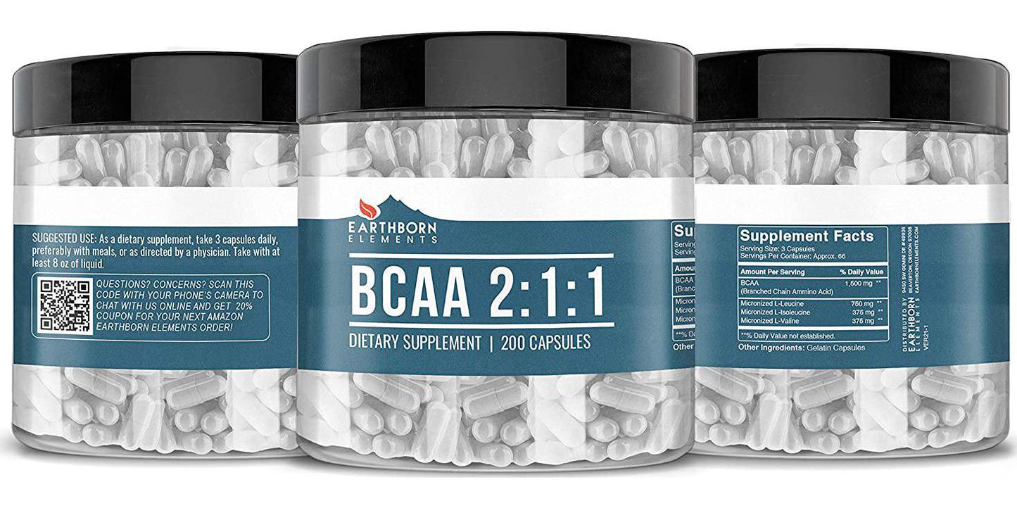 Earthborn Elements BCAA, 200 Capsules, Pure and Undiluted, No Additives