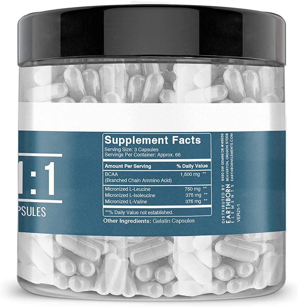 Earthborn Elements BCAA, 200 Capsules, Pure and Undiluted, No Additives