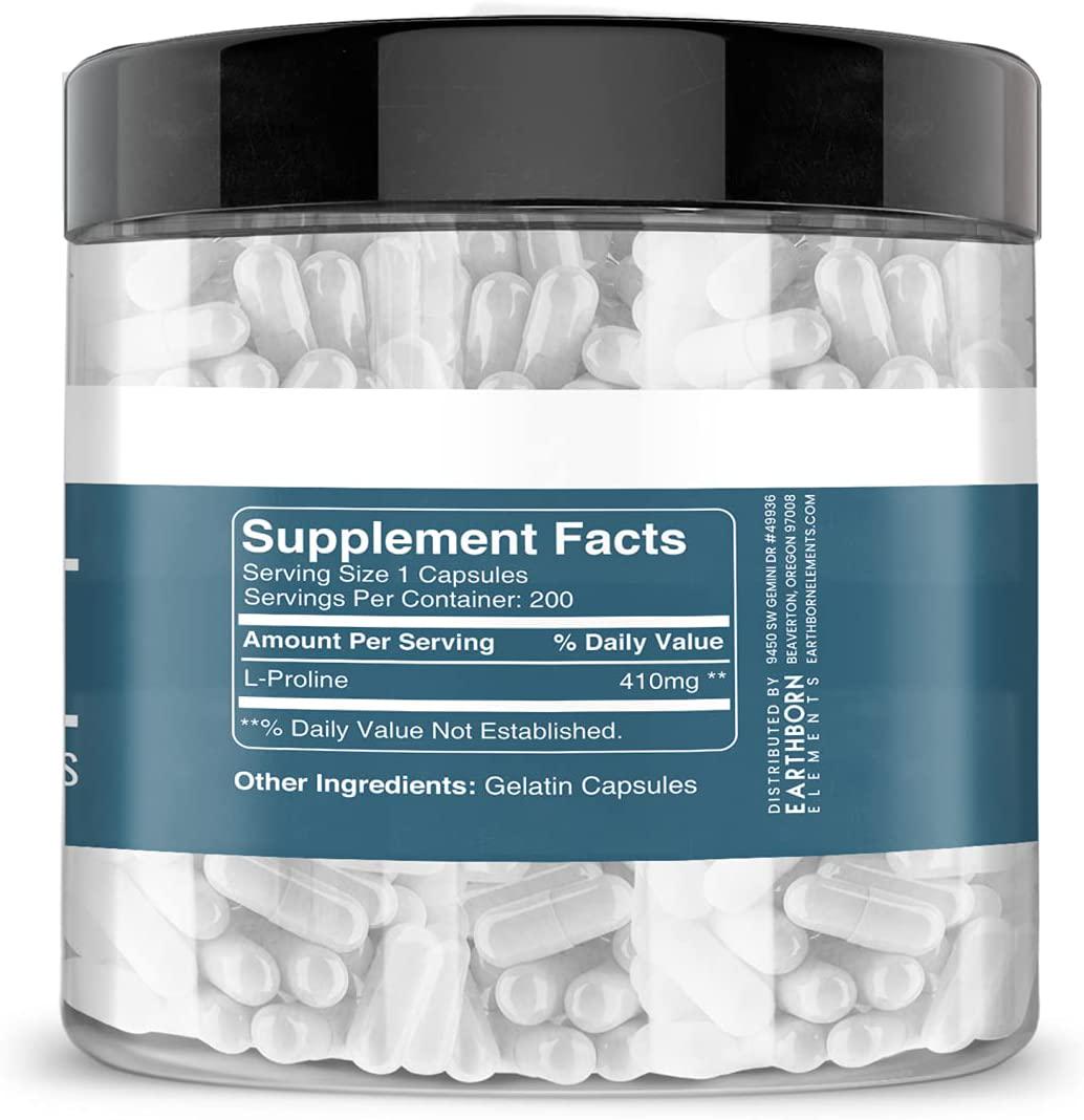 Earthborn Elements L-Proline (200 Capsules) Collagen Supplement, Lab Verified
