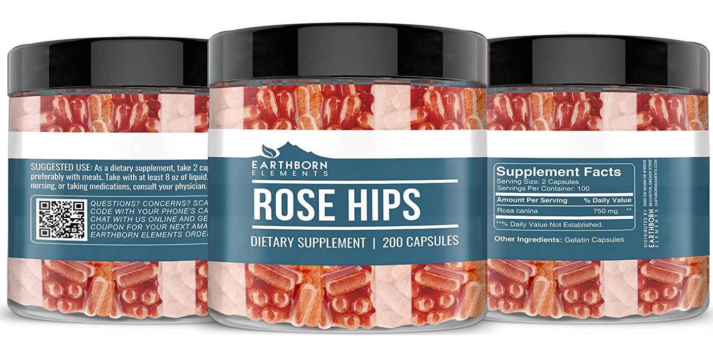 Earthborn Elements Rose Hips (200 Capsules) Antioxidants, Polyphenols, Anthocyanins