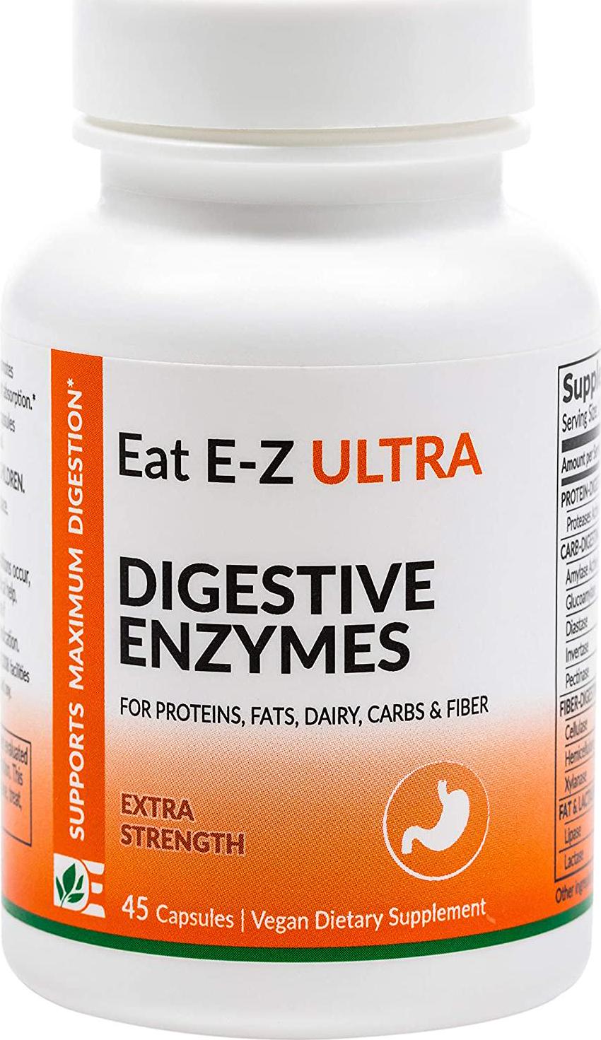 Eat E-Z Ultra (45 Vegan Capsules) Extra Strength Complete Digestive Enzyme Supplement; Anti-Bloating; Gut Health.