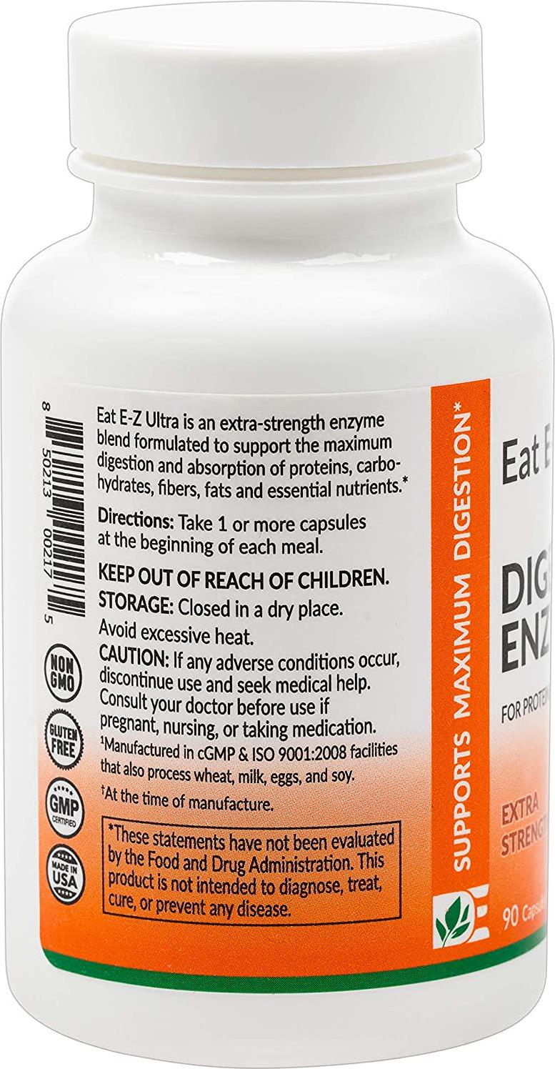 Eat E-Z Ultra (90 Vegan Capsules) Extra Strength Complete Digestive Enzyme Supplement; Anti-Bloating; Gut Health.