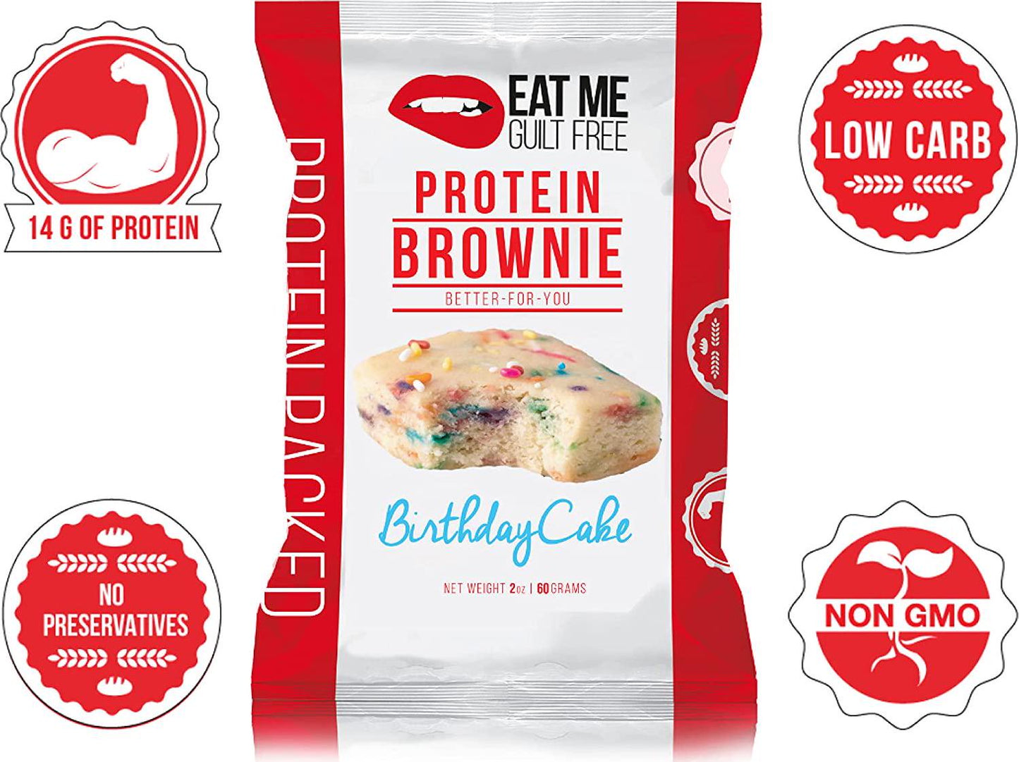 Eat Me Guilt Free Birthday Cake Protein-Packed Brownie - 14G Protein, Low Carb, Keto-Friendly, Low Sugar, Non GMO, No preservatives, Low Calorie Snack or Dessert | 12 Count