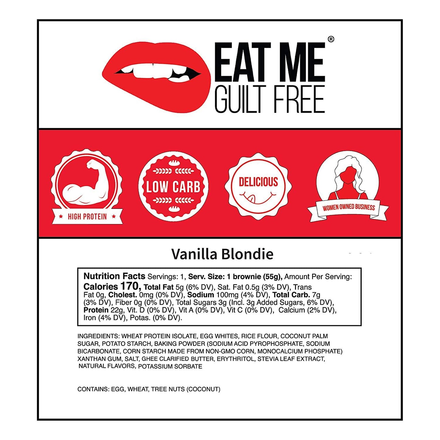 Eat Me Guilt Free Blondie Protein-Packed Brownie - 14G Protein, Low Carb, Keto-Friendly, Low Sugar, Non GMO, No preservatives, Low Calorie Snack or Dessert | 12 Count
