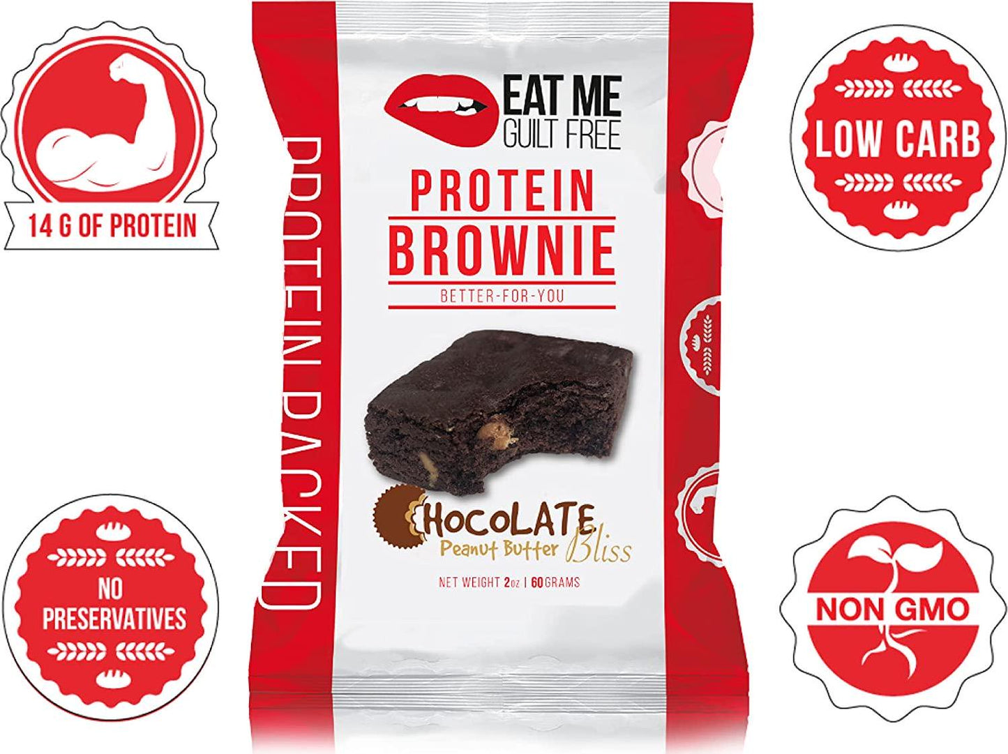 Eat Me Guilt Free Peanut Butter Bliss Protein-Packed Brownie - 14G Protein, Low Carb, Keto-Friendly, Low Sugar, Non GMO, No preservatives, Low Calorie Snack or Dessert | 12 Count